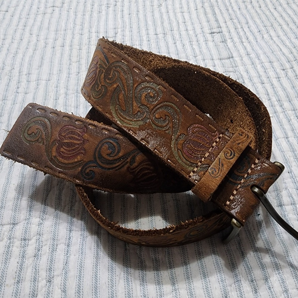 Vintage Tooled Leather Floral Belt Brown Boho Embossed Painted Small 36 Inch